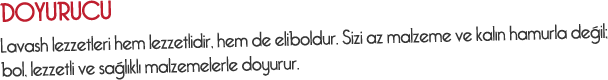 Doyurucu - Lavash lezzetleri hem lezzetlidir, hem de eliboldur. Sizi az malzeme ve kalın hamurla değil, bol, lezzetli ve sağlıklı malzemelerle doyurur.